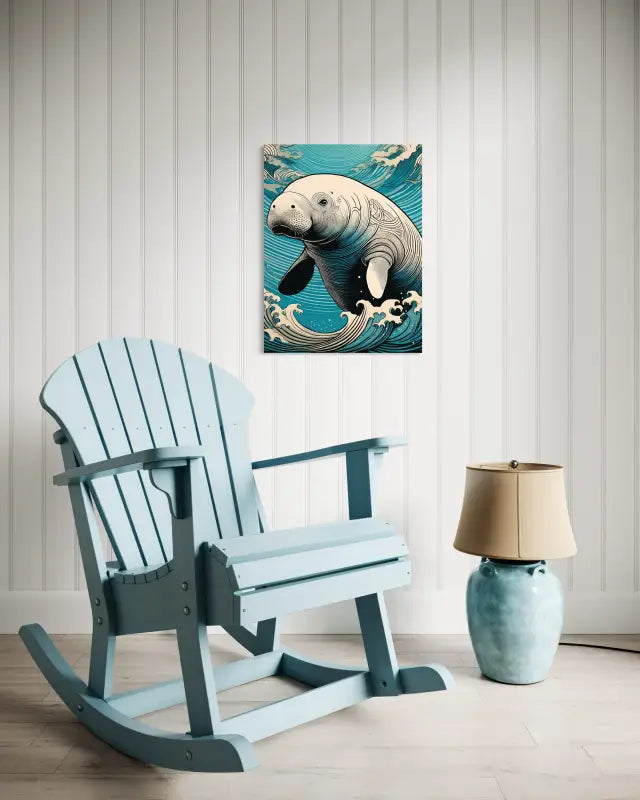 Coastal glass art print of a manatee in line art style with Hokusai-style blue and turquoise waves. -sitting area