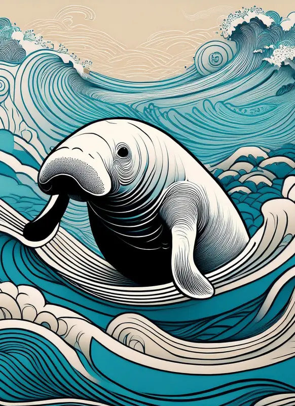 Echo-friendly glass print of a manatee swimming through Ukiyo-e waves from Echoes of the Sea.