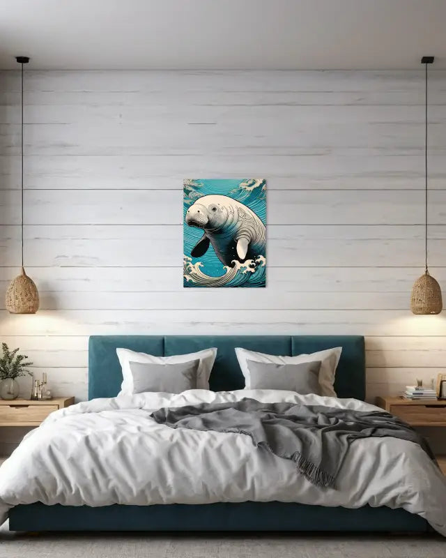 Coastal glass art print of a manatee in line art style with Hokusai-style blue and turquoise waves.-coastal bedroom