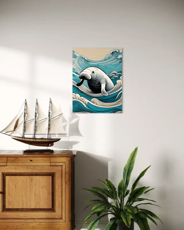 Eco-friendly glass print of a manatee swimming through Ukiyo-e waves from Echoes of the Sea-wall decor.