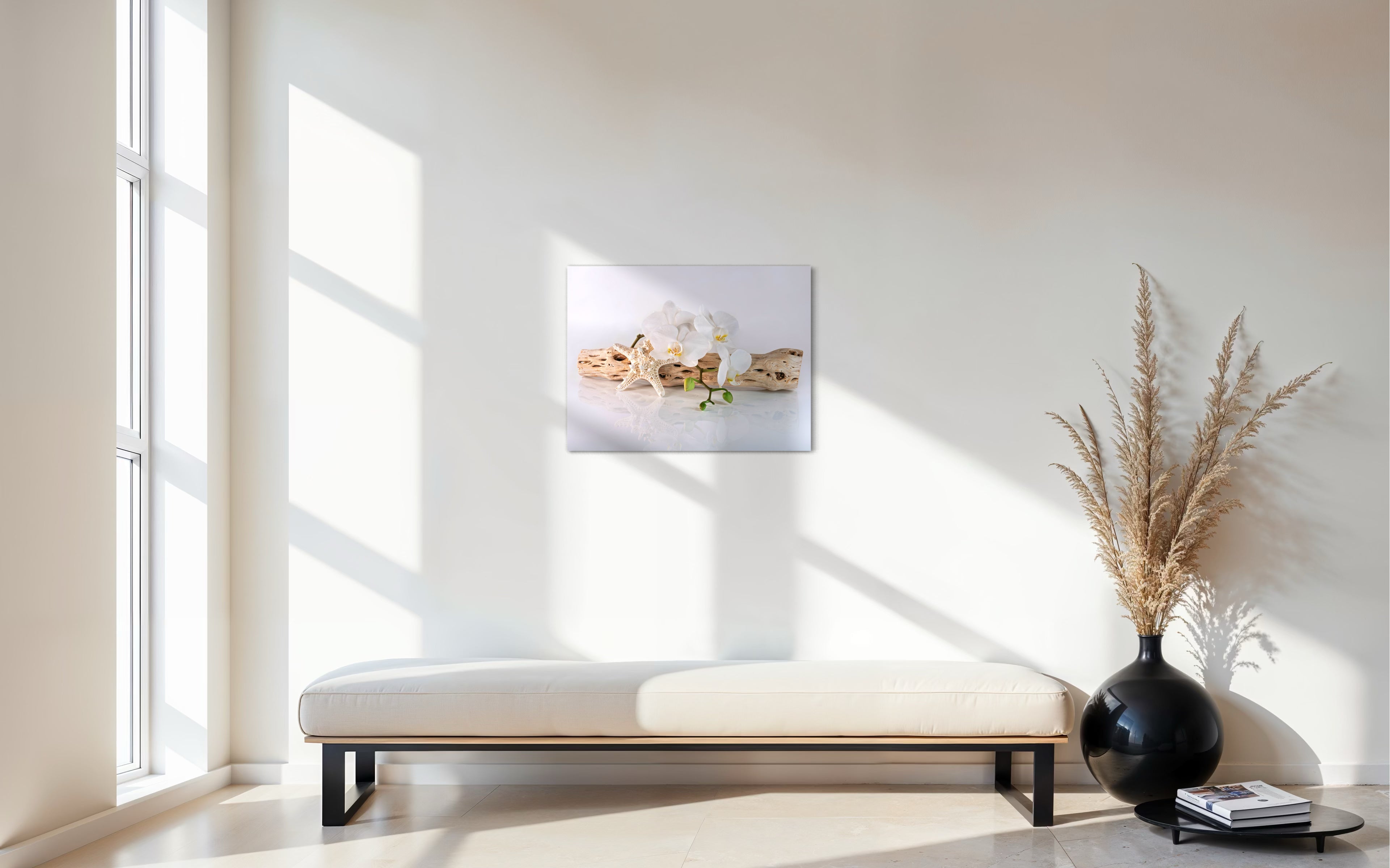 Cholla Driftwood White Orchids & Starfish Glass Print - Coastal Art Decor - Shell Prints
