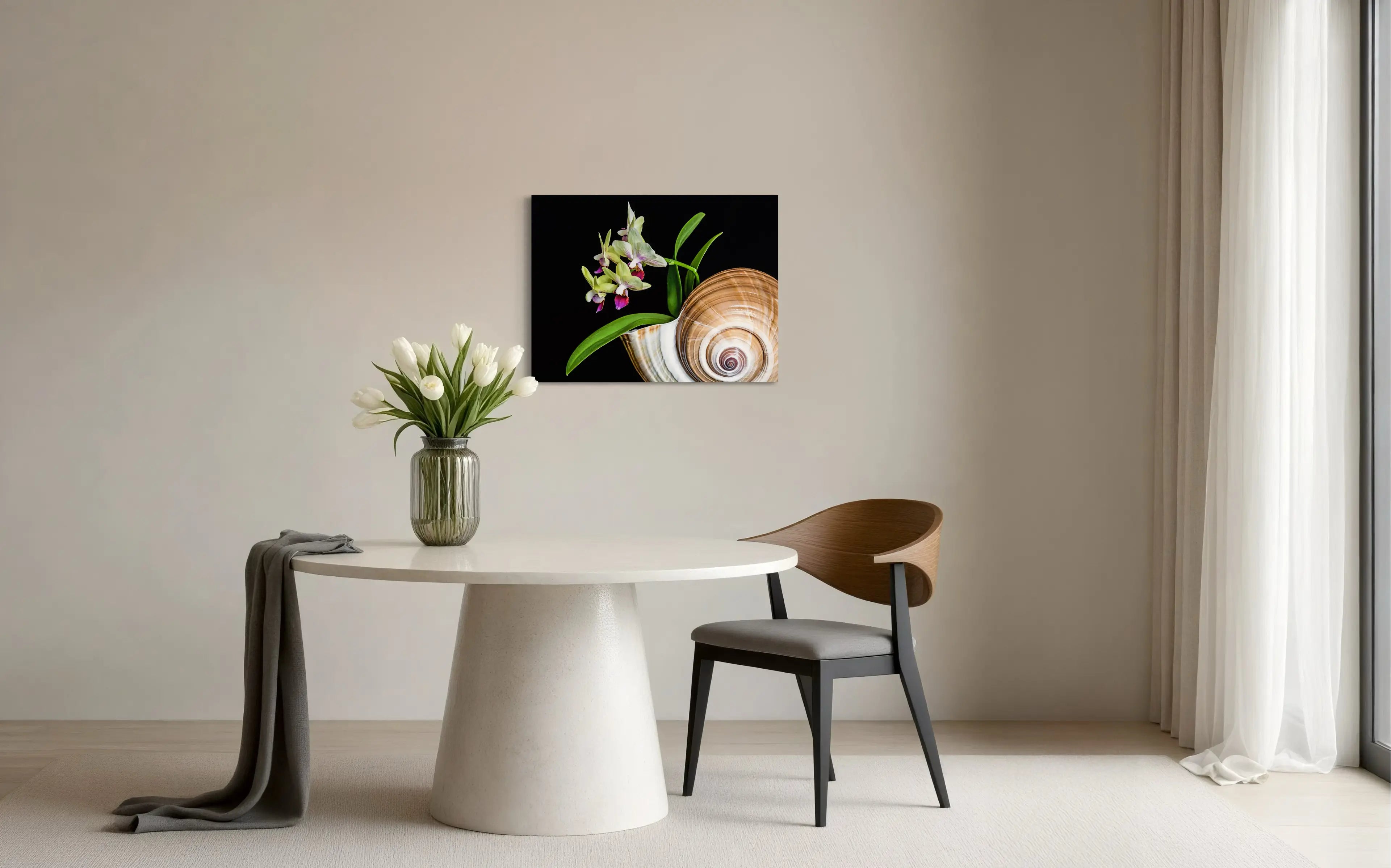 Close-up glass print of coastal orchids and white coral on a black background, coastal dining