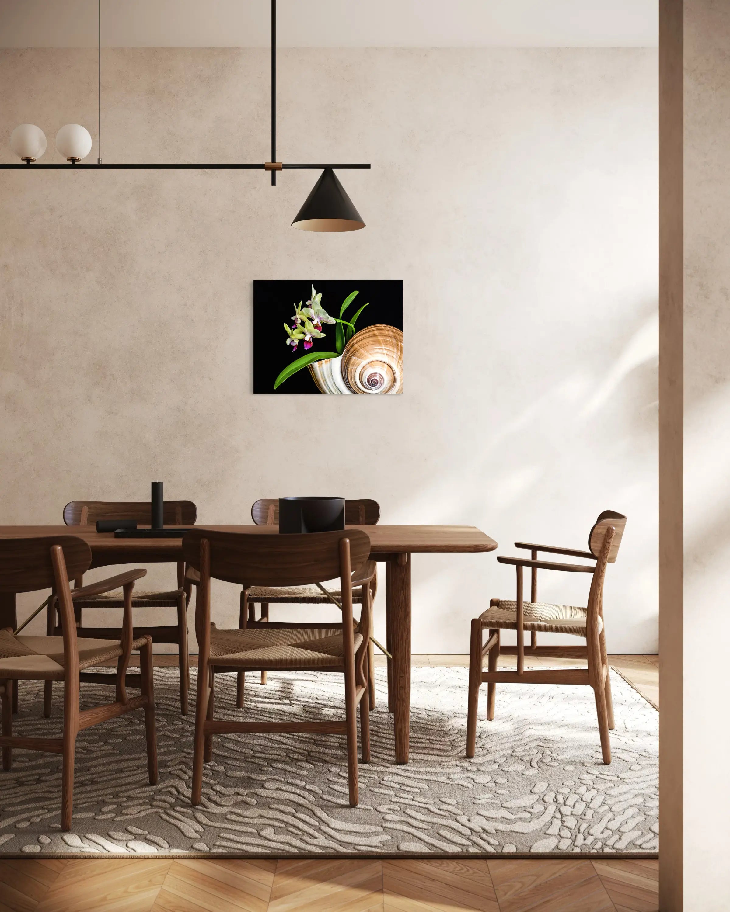 Close-up glass print of coastal orchids and white coral on a black background, modern dining