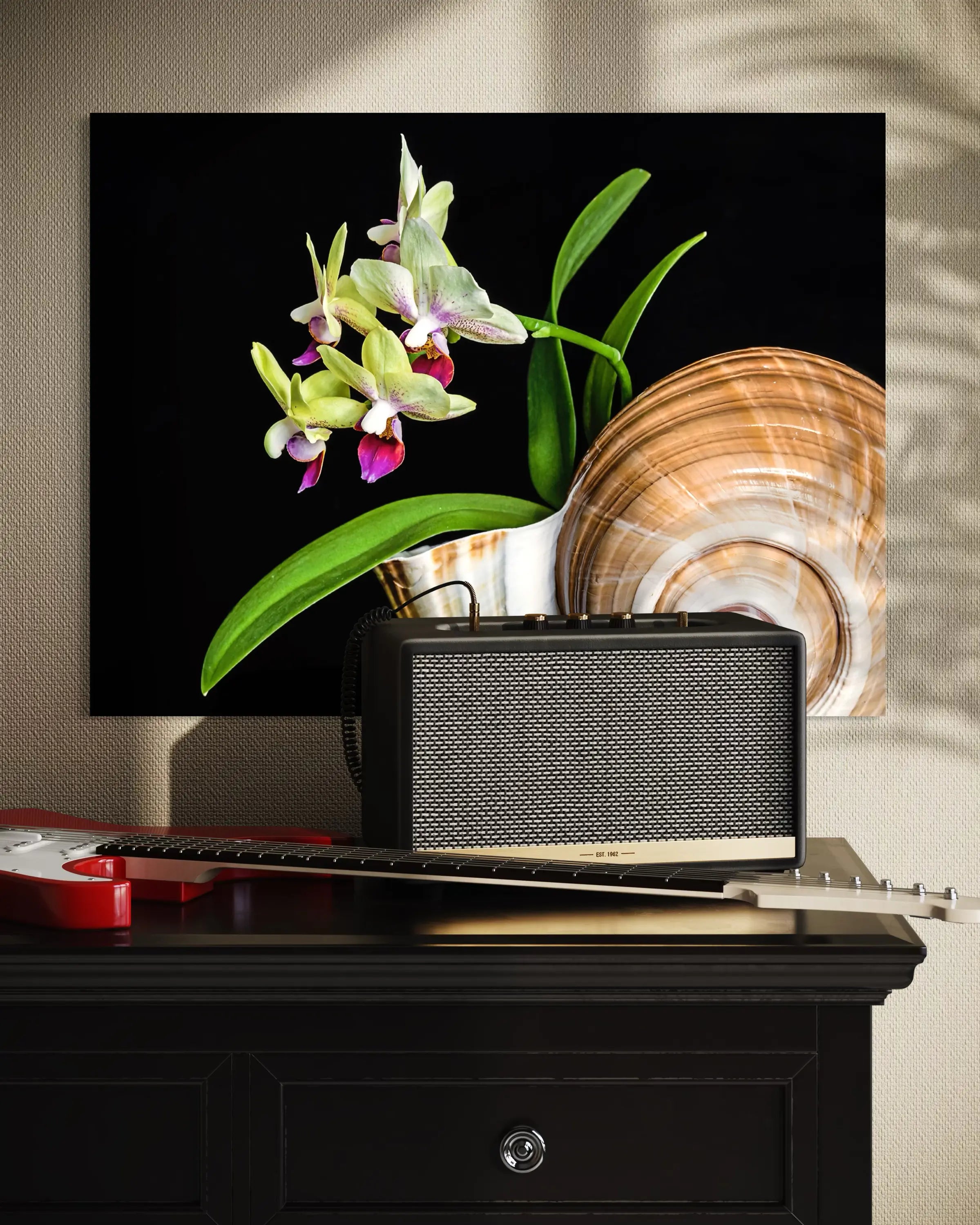 Close-up glass print of coastal orchids and white coral on a black background