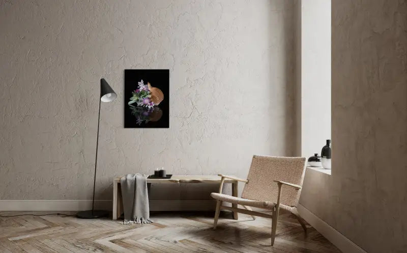 Ocean wall art glass print with tunna shell, succulents, and purple orchids on black background, coastal room decor