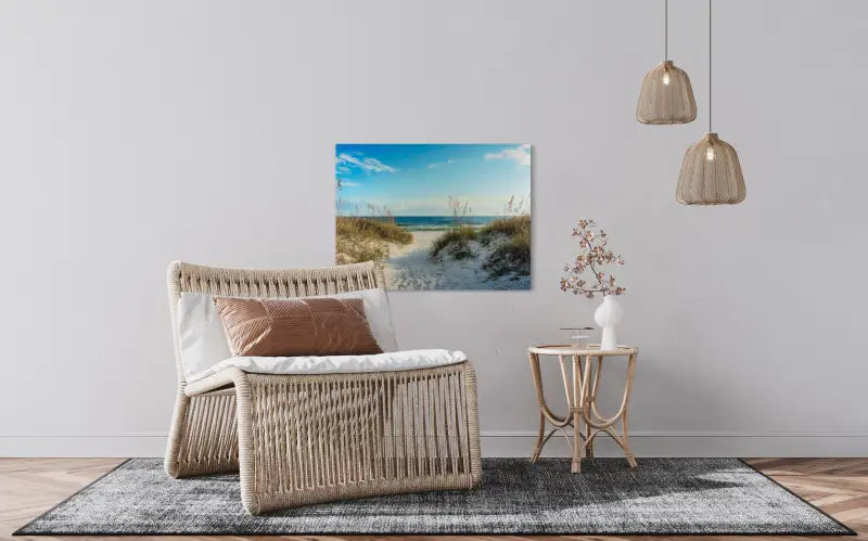 A glass print featuring a pathway winding through white sand dunes with sea oats, leading to a calm ocean horizon-coastal decor