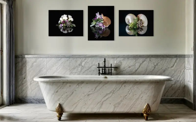 Ocean wall art glass print with tunna shell, succulents, and purple orchids on black background, coastal bathroom decor