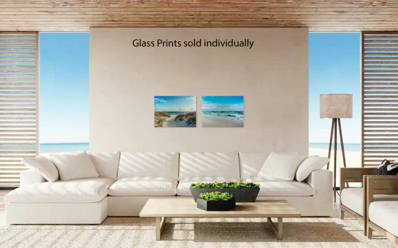 A glass print featuring a pathway winding through white sand dunes with sea oats, leading to a calm ocean horizon_living room gallery