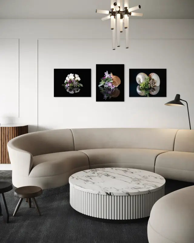 Ocean wall art glass print with tunna shell, succulents, and purple orchids on black background, coastal wall gallery