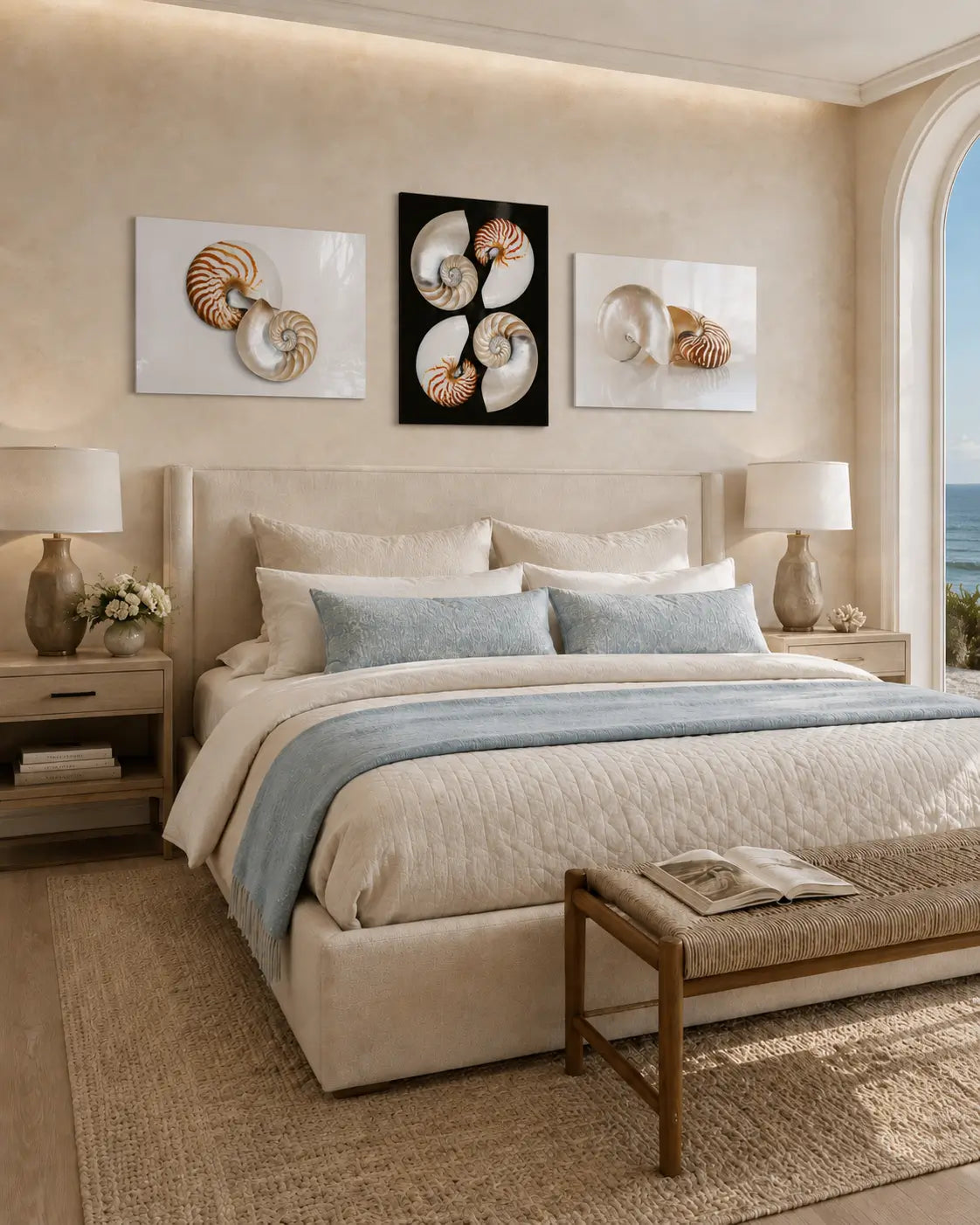 Beach-themed bedroom with nautilus spiral glass prints on the wall, bed with blue and beige bedding, and a bench.