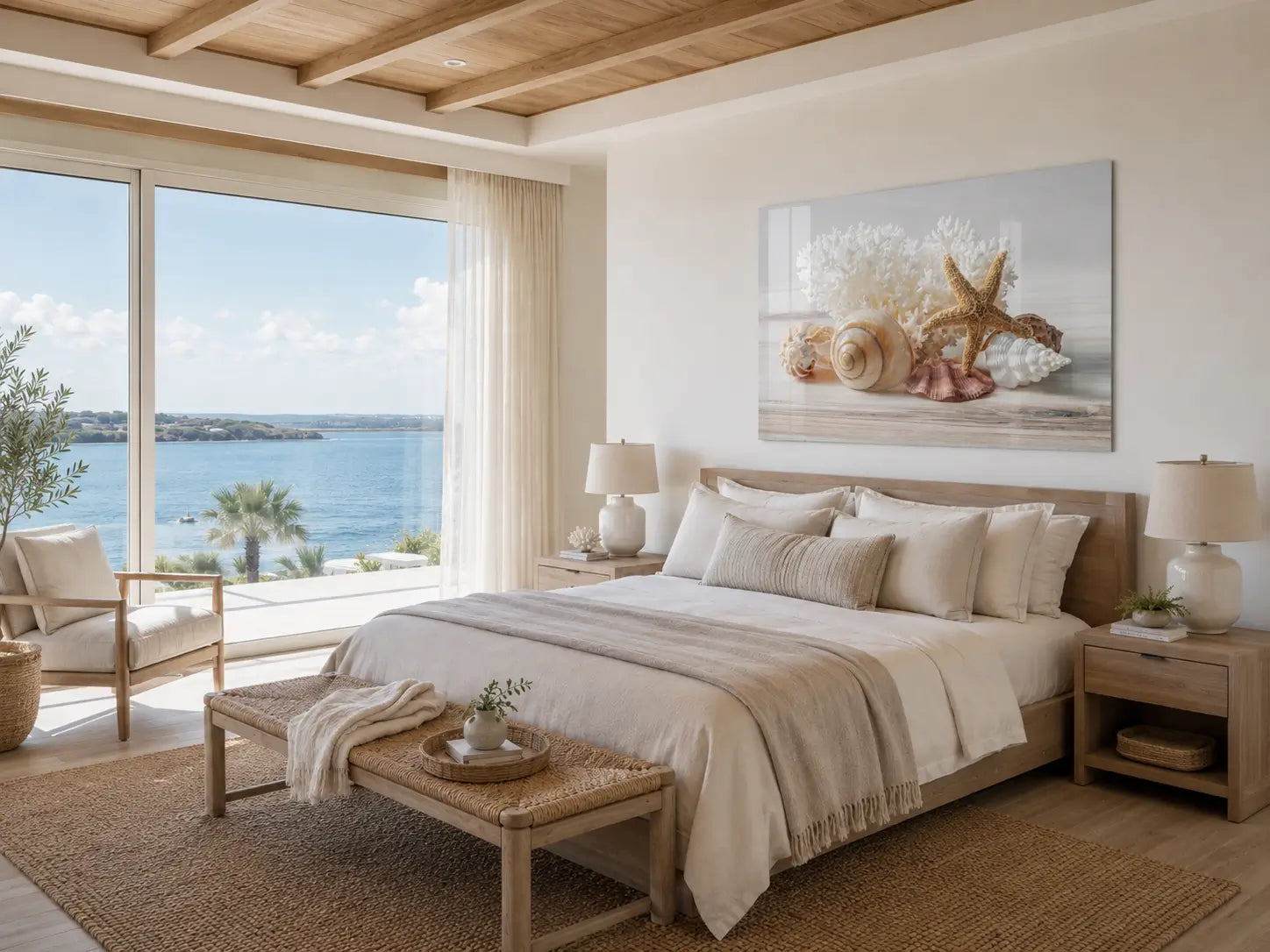 Light-filled coastal bedroom with water view and neutral shell-and-coral glass wall art displayed above the bed.