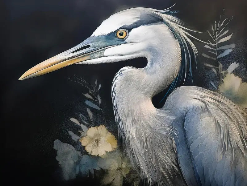 Coastal bird art glass print with great blue heron and wildflowers on dark background