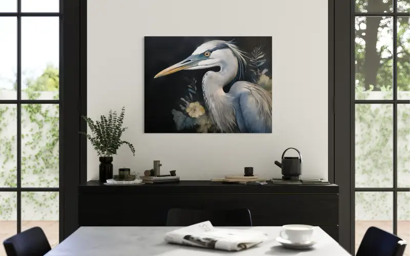 Coastal bird art glass print with great blue heron and wildflowers on dark background-dining room
