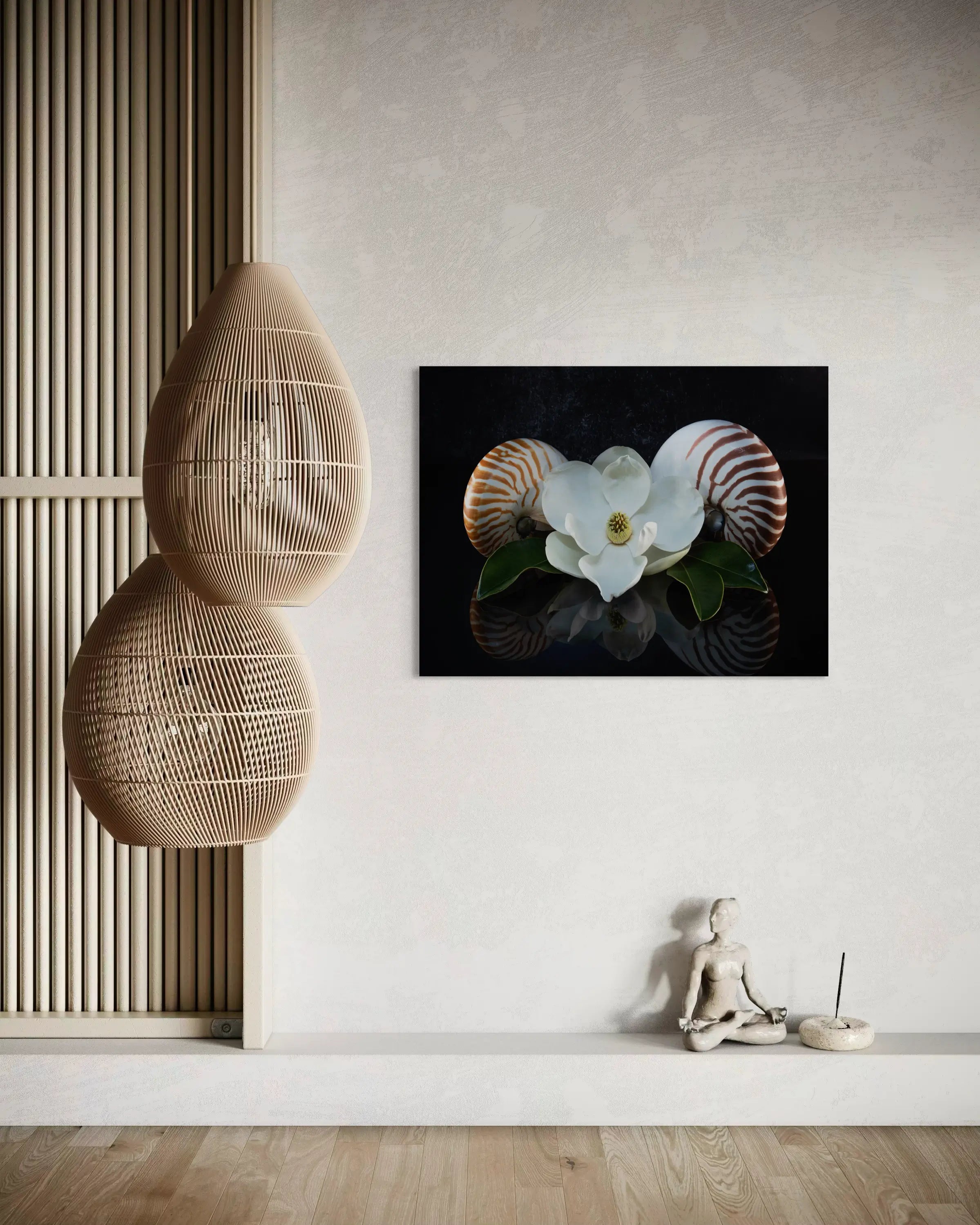Glass print of two chambered nautiluses with a magnolia blossom, natural beauty wall decor.