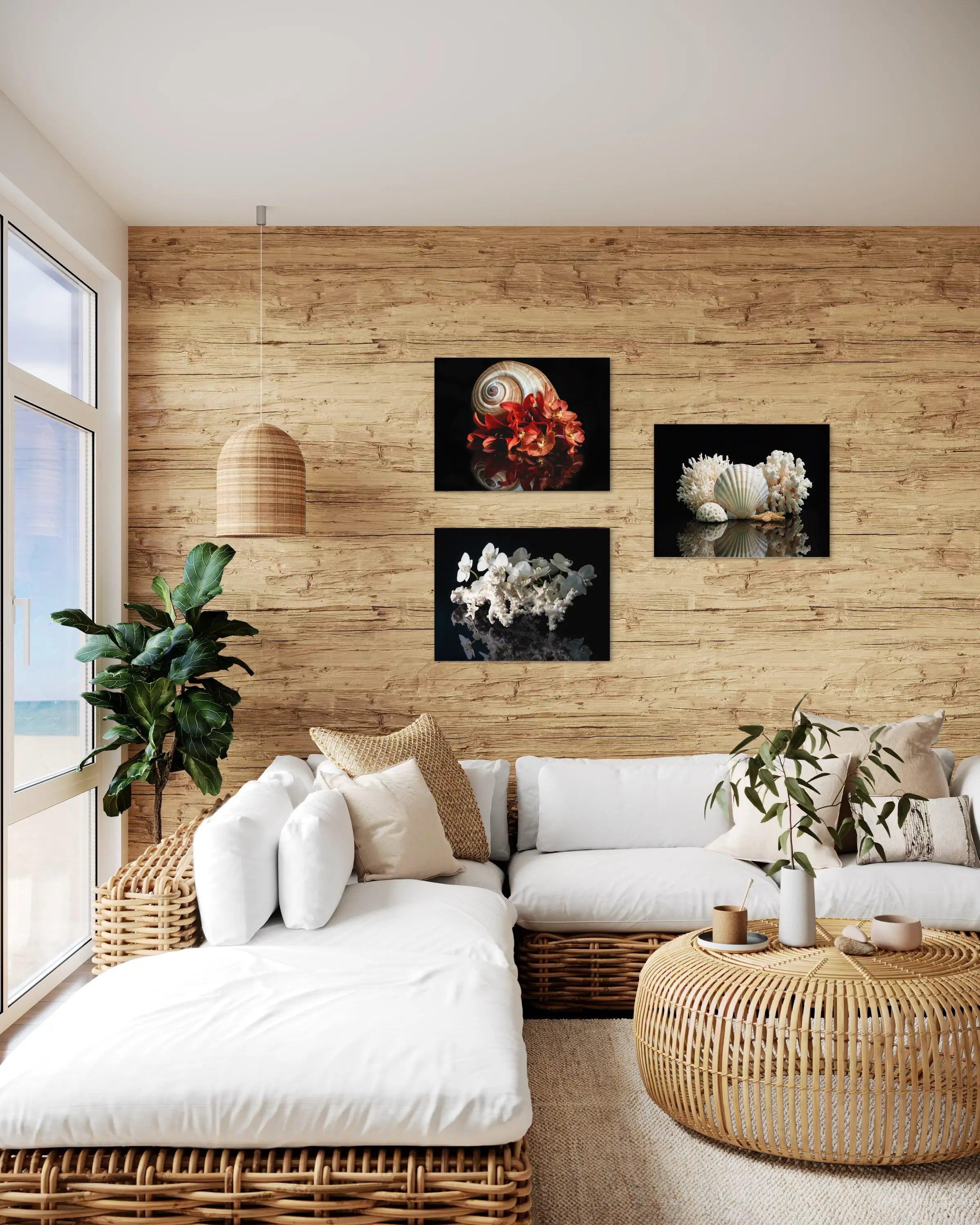 3 Echoes of the Sea coastal glass prints in a seaside sun room