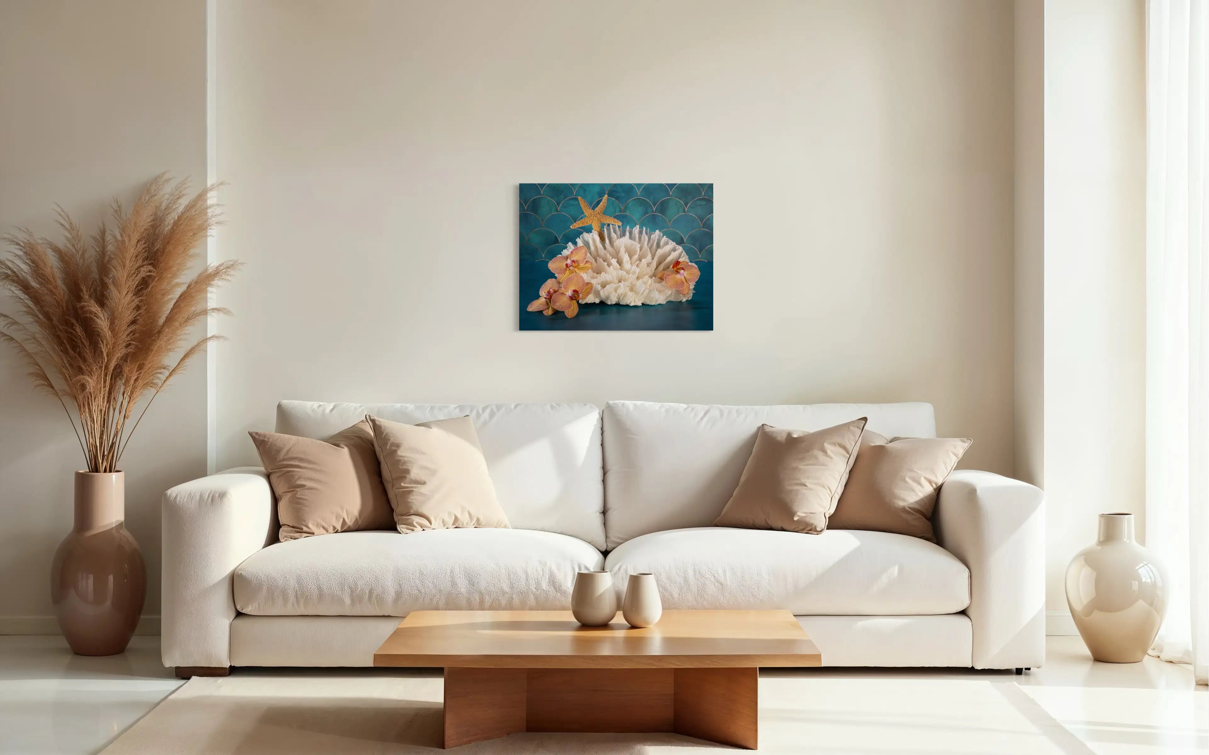 Vibrant tropical glass print of orchids, poca coral and a starfish on a colorful blue background that evokes the sea in coastal living decor.