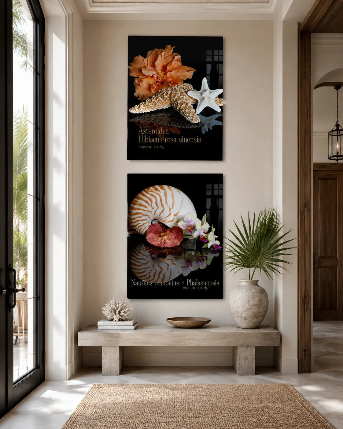 Coastal entryay with two shell and botanical glass posters