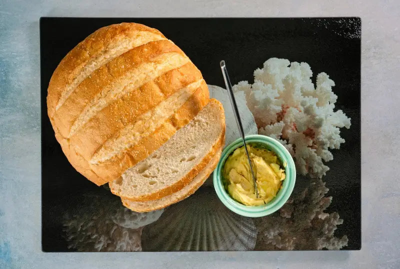 Scallops and coral on glass charcuterie board, Echoes of the Sea-in use