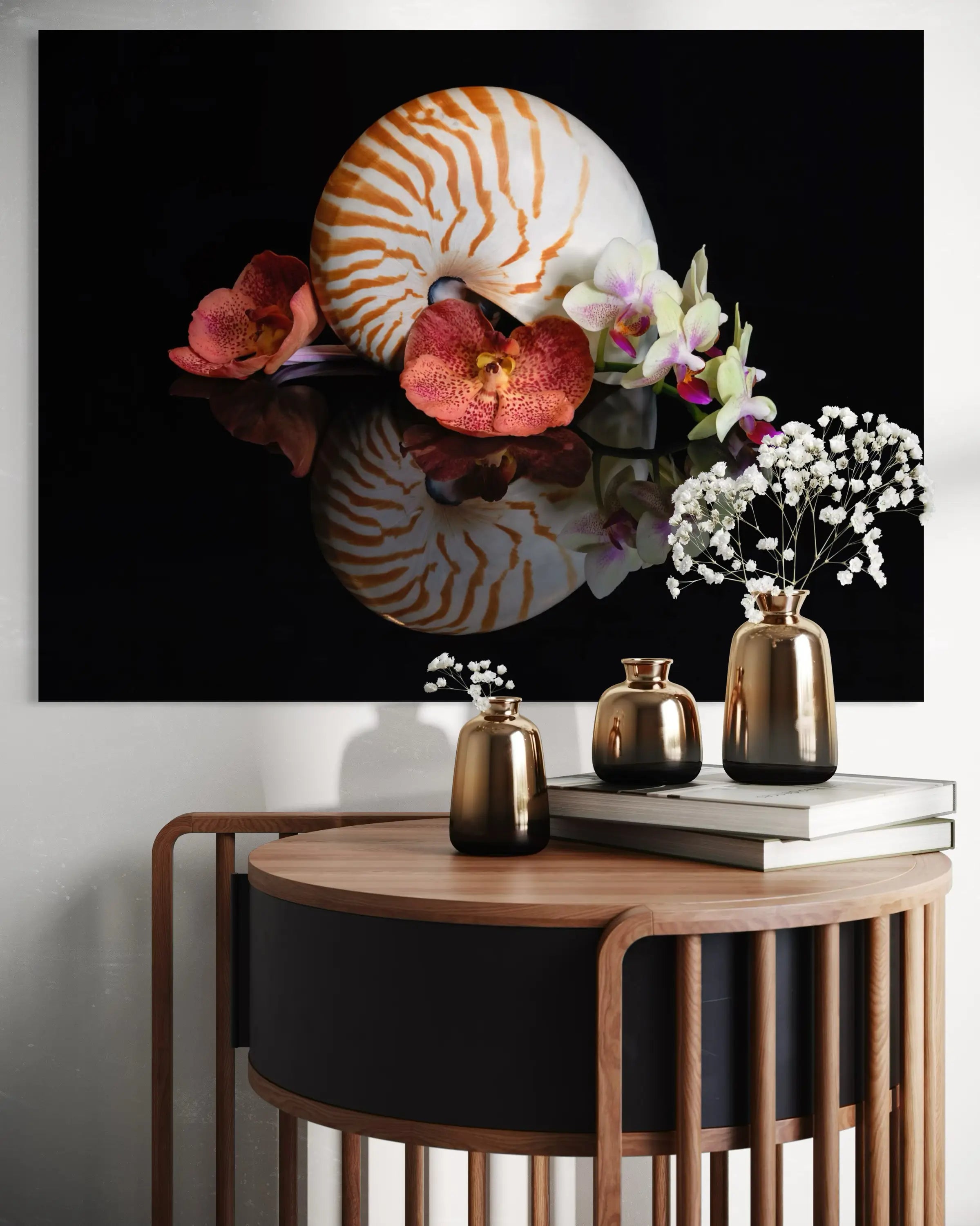 Coastal glass print of a chambered nautilus with deep orange orchids on black reflective surface, coastal decor