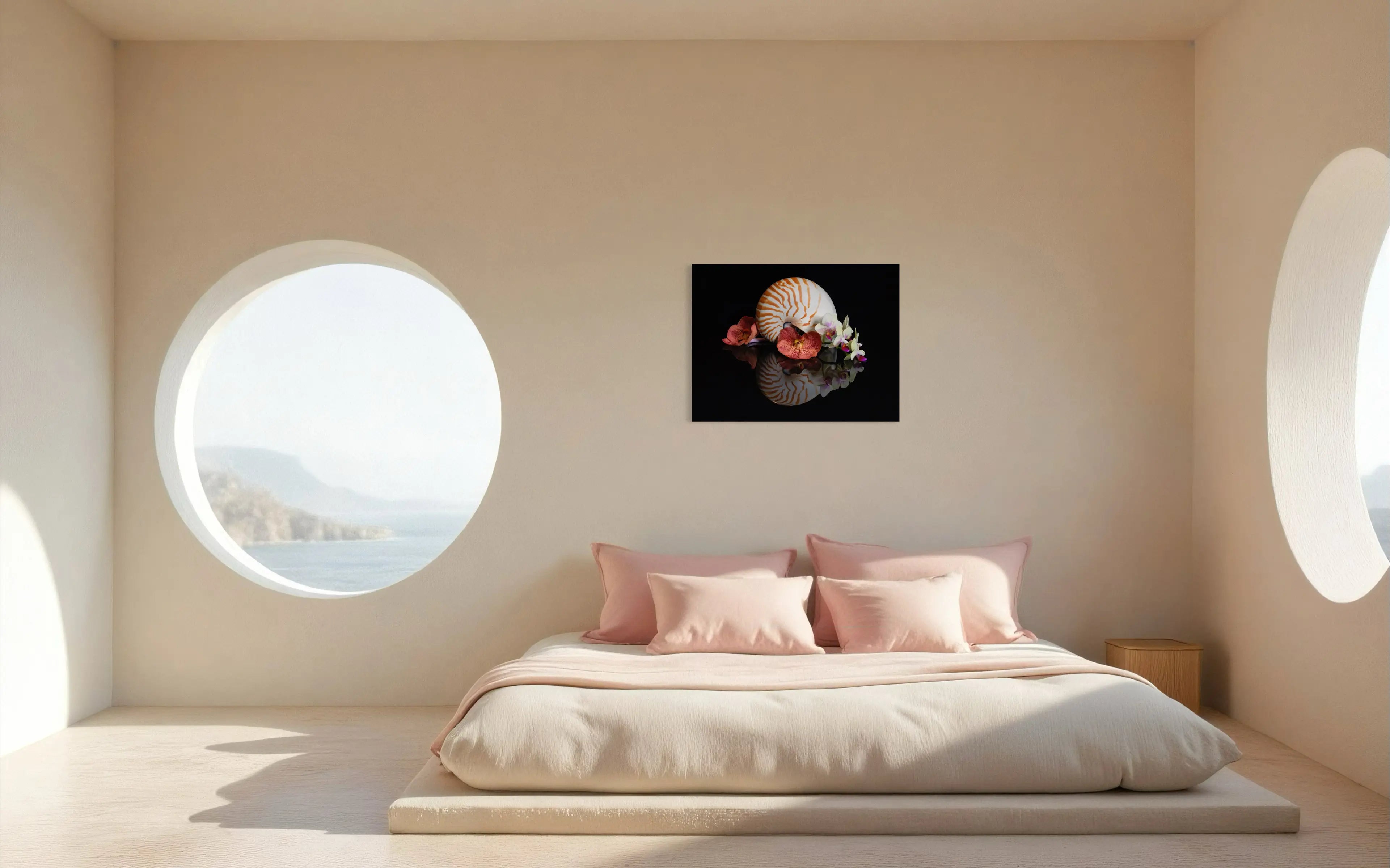 Coastal glass print of a chambered nautilus with deep orange orchids on black reflective surface, coastal bedroom
