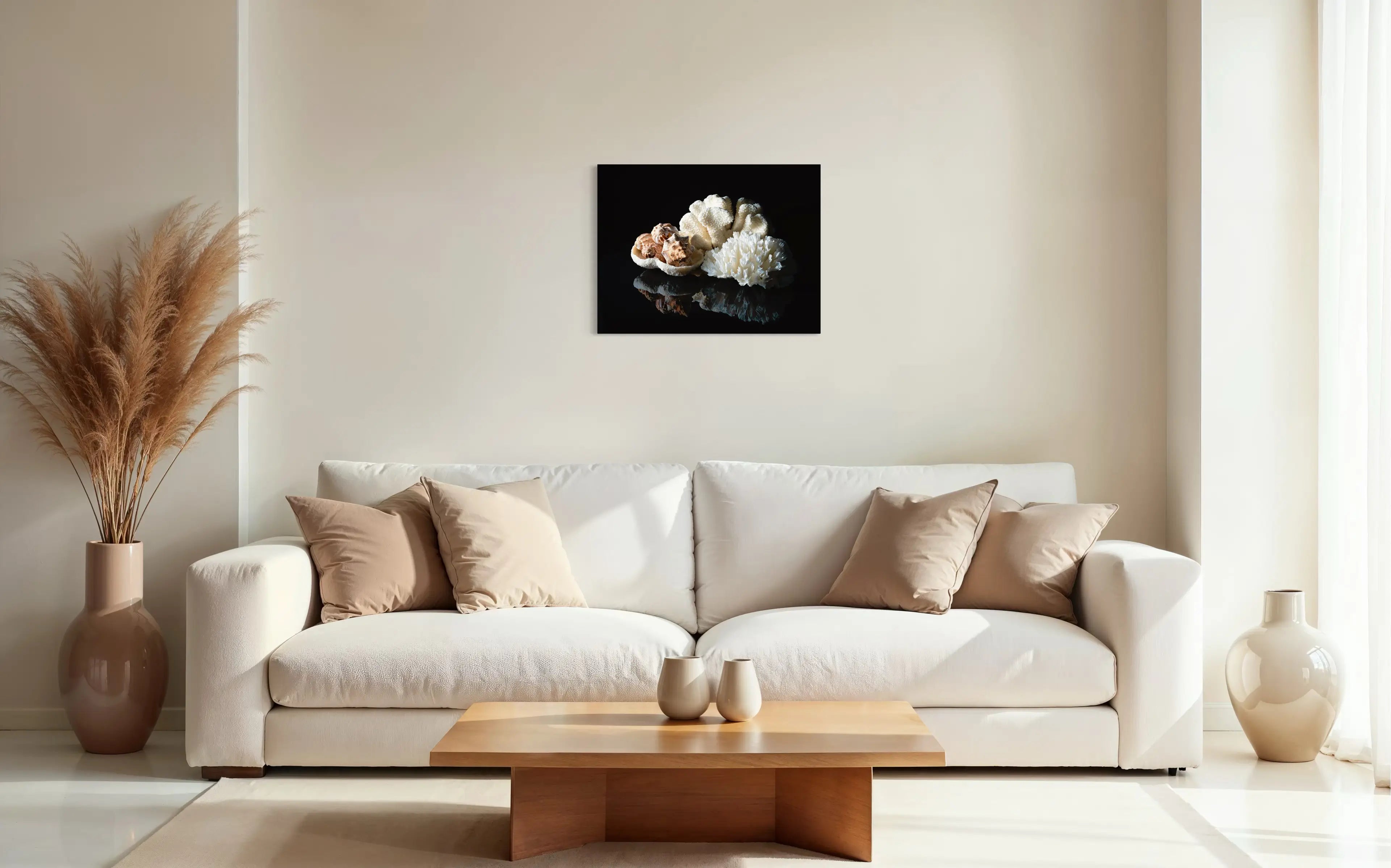 Coral bowl and seashells on reflective black glass, coastal art for coastal living room