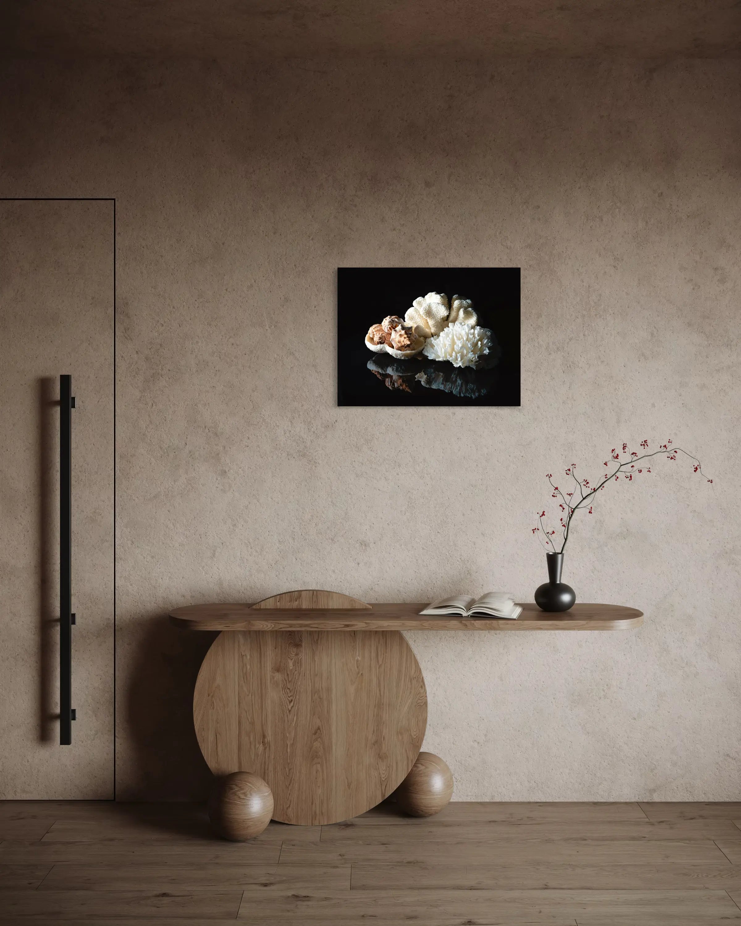 Coral bowl and seashells on reflective black glass, coastal glass print
