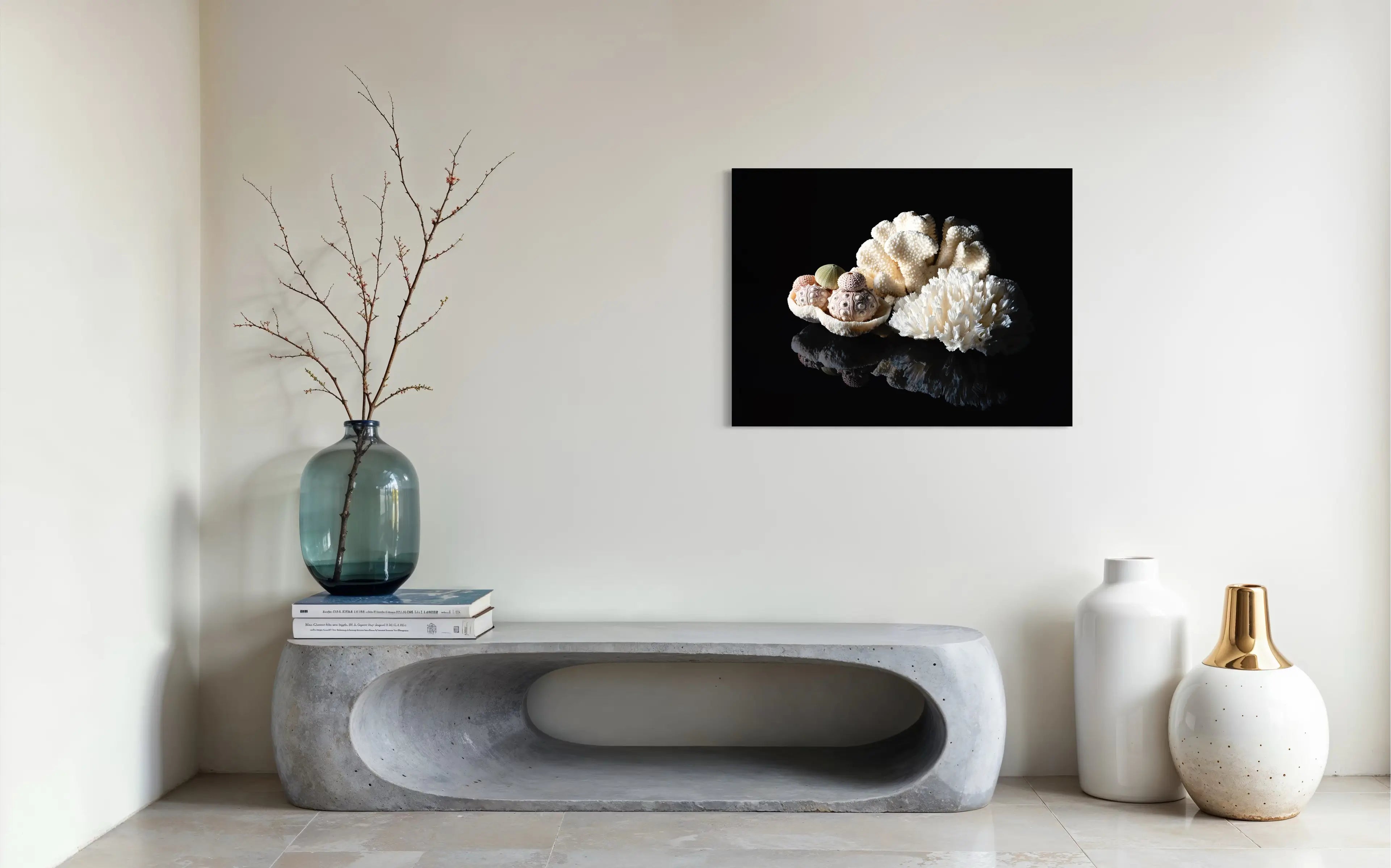 Vintage coral and sea urchins on reflective glass, modern coastal art