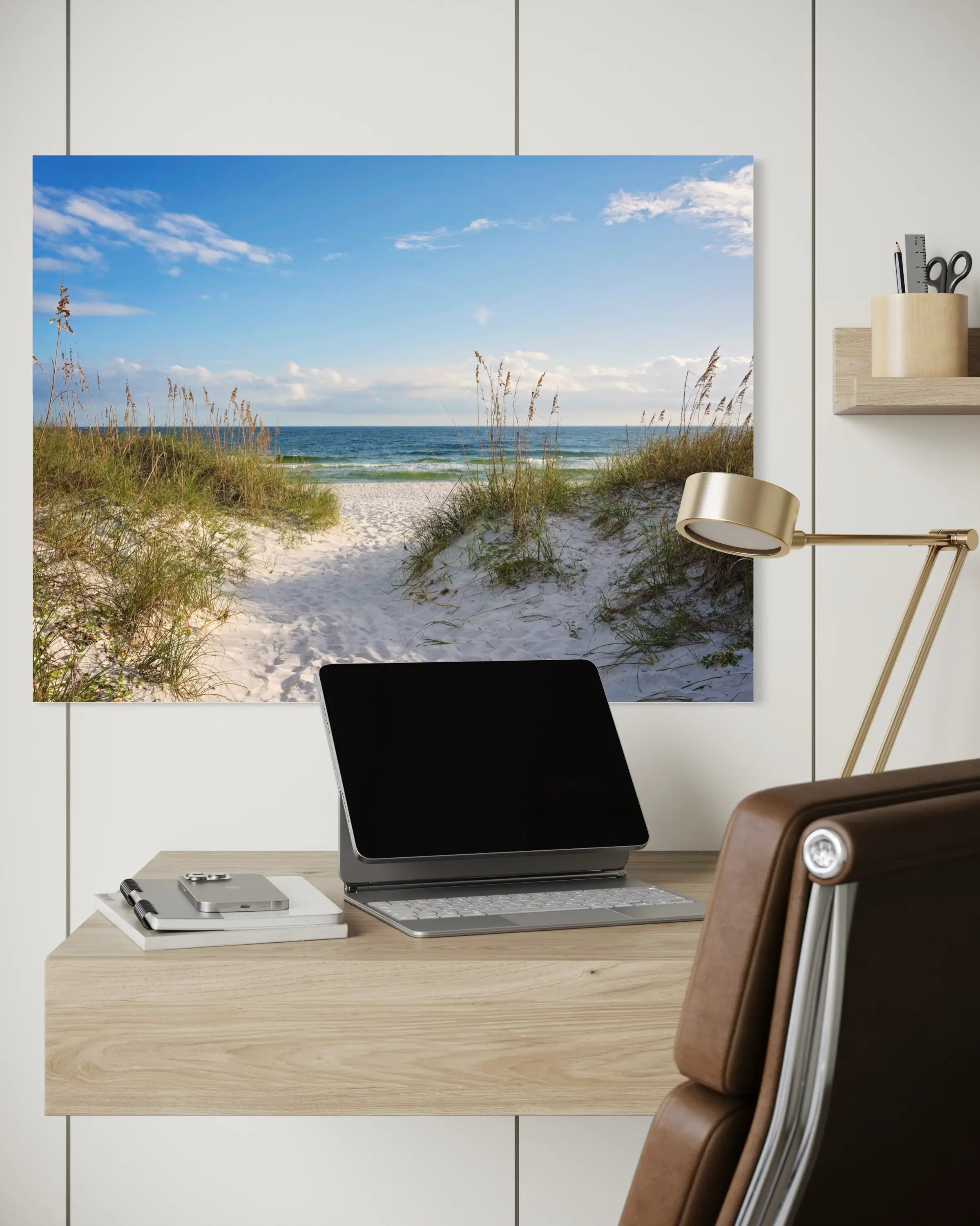 Sandy dunes and sea oats with Gulf waters, coastal glass art, coastal office decor