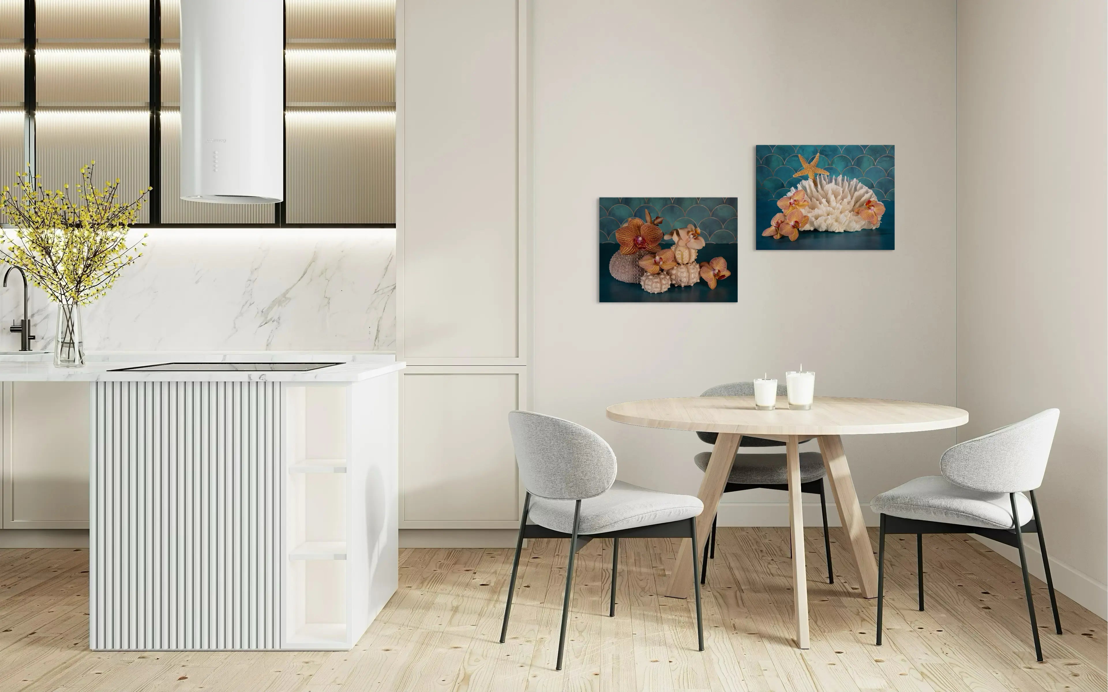 Coastal botanical glass print with orchids and sea urchins set against a teal background, coastal kitchen decor.