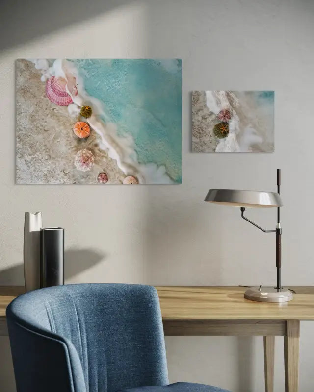 Vibrant seashells and ocean waves on a beach, Echoes of the Sea coastal glass art print_shown with coordinating print