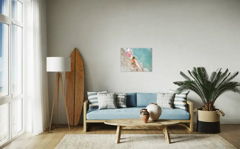 Vibrant seashells and ocean waves on a beach, Echoes of the Sea coastal glass art print-living room