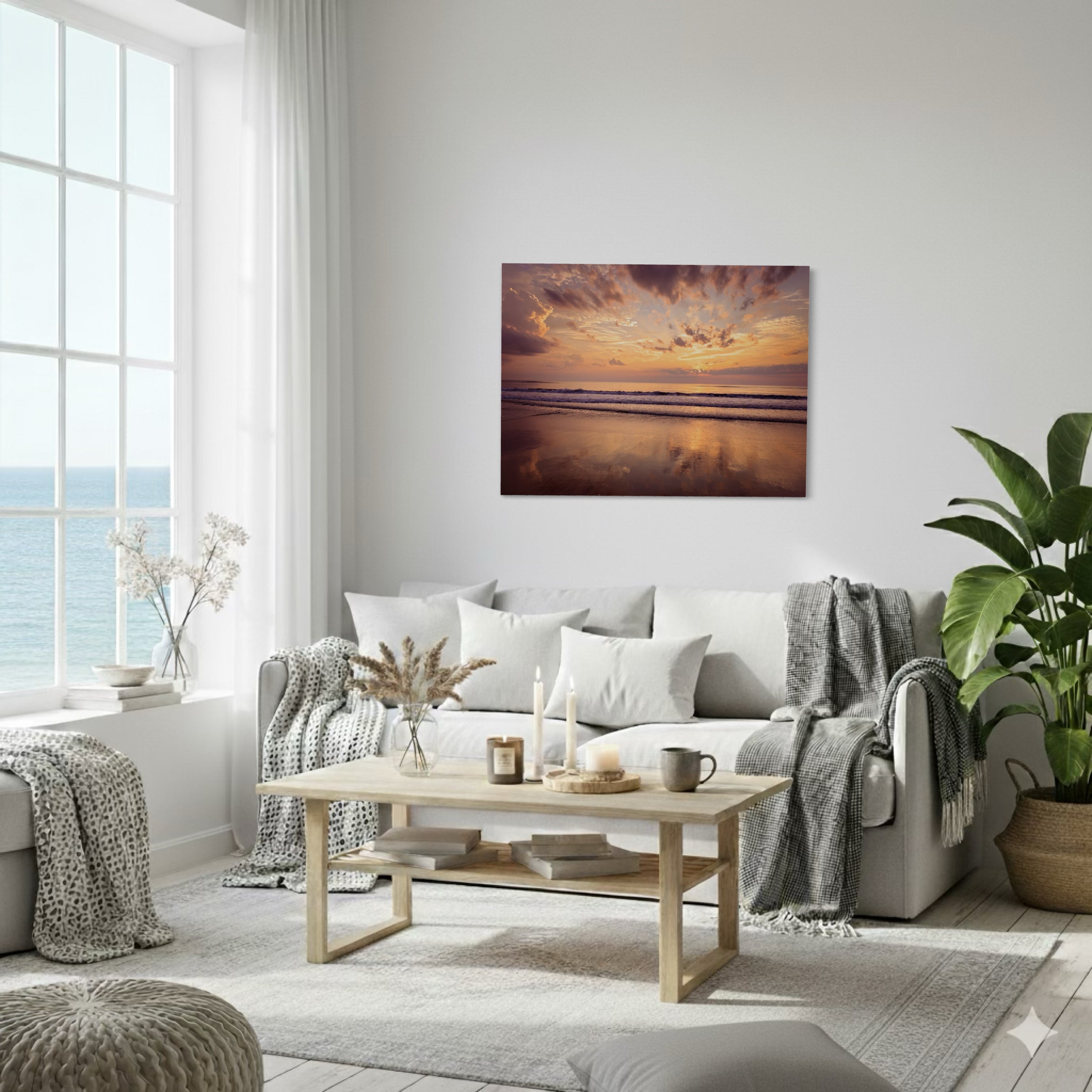 Corolla Beach Sunrise glass print in a coastal hygge living room