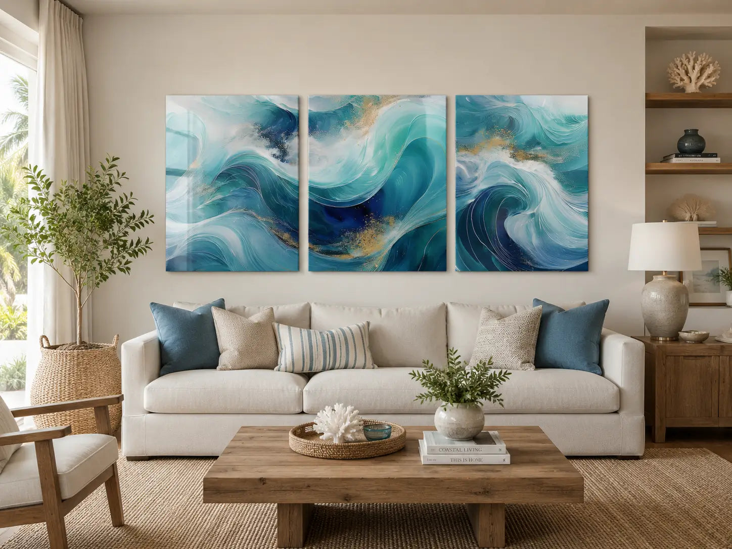 Coastal living room with a beige sofa, wooden coffee table, and abstract blue, teal and gold wave artwork on the wall.