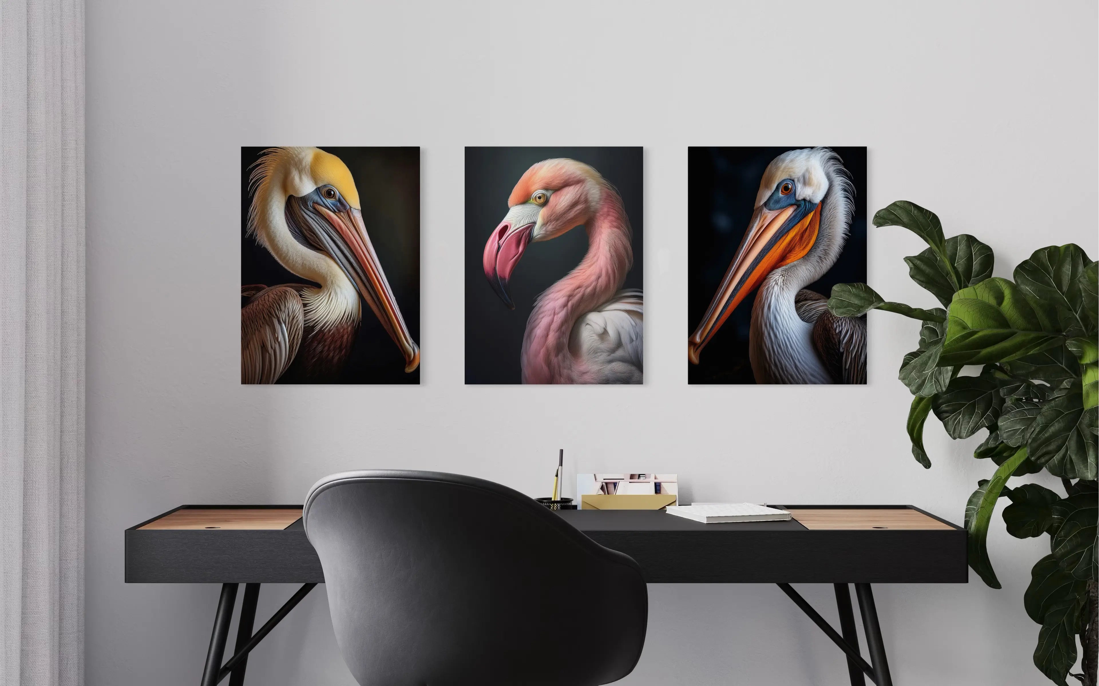 Coastal Majesty three-piece bird art collection displayed above modern desk – Echoes of the Sea