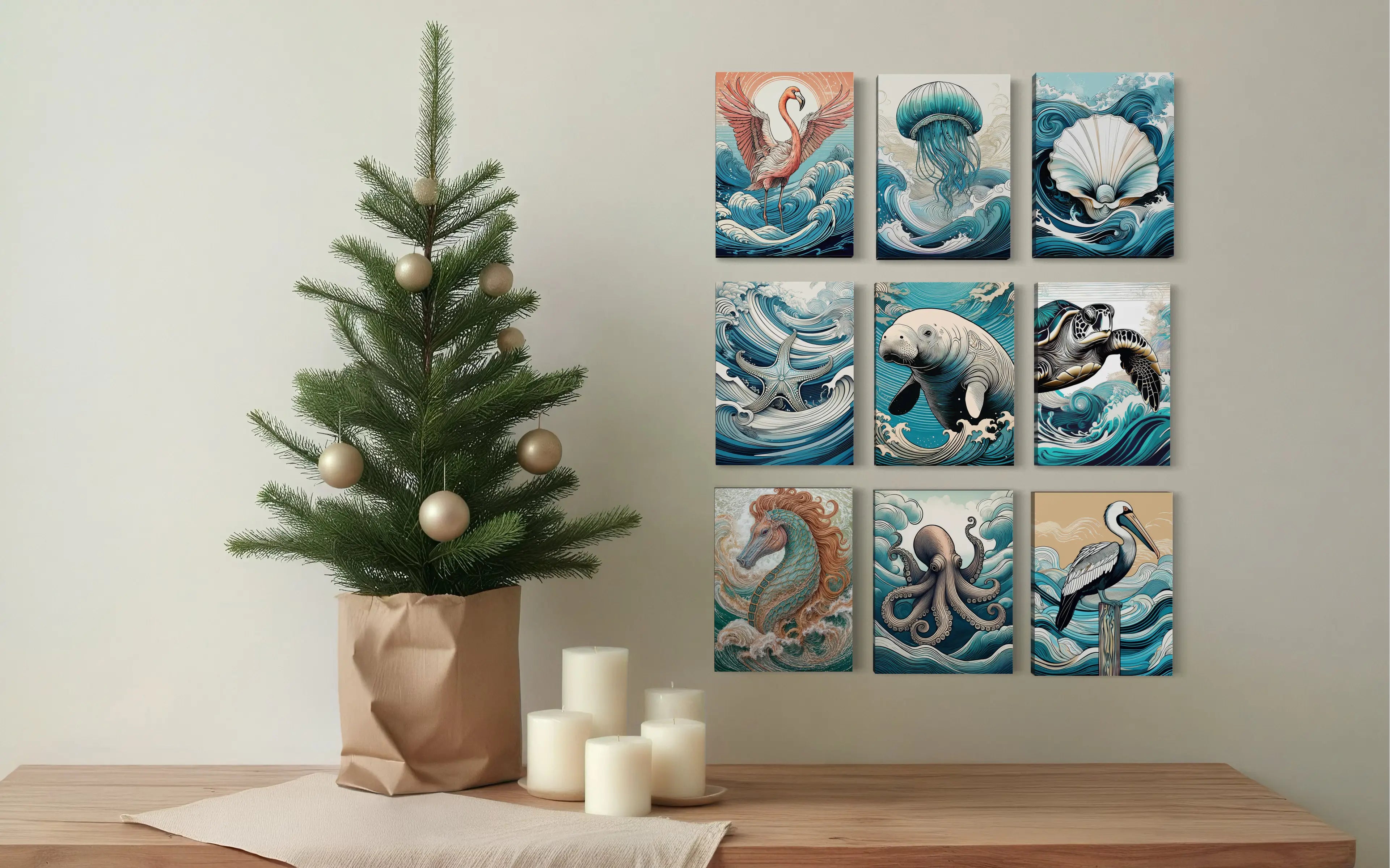 Hokusai-inspired coastal wall art set of nine – ocean wave prints featuring flamingo, jellyfish, shell, starfish, manatee, sea turtle, seahorse, octopus, and pelican, modern marine life art collection.