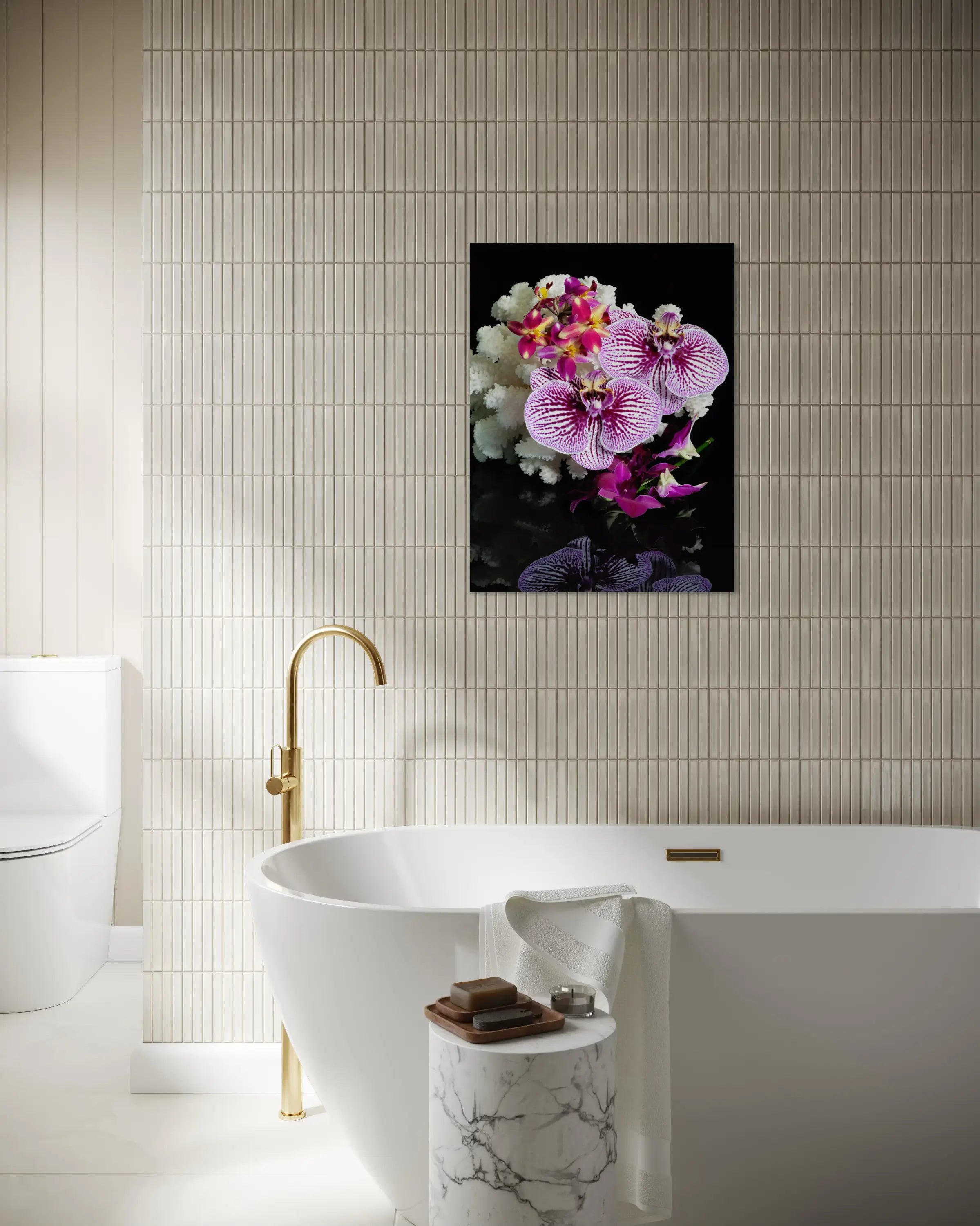 Coastal Orchid & Coral Glass Print with vibrant orchids and white coral on black background, bathroom ocean wall art