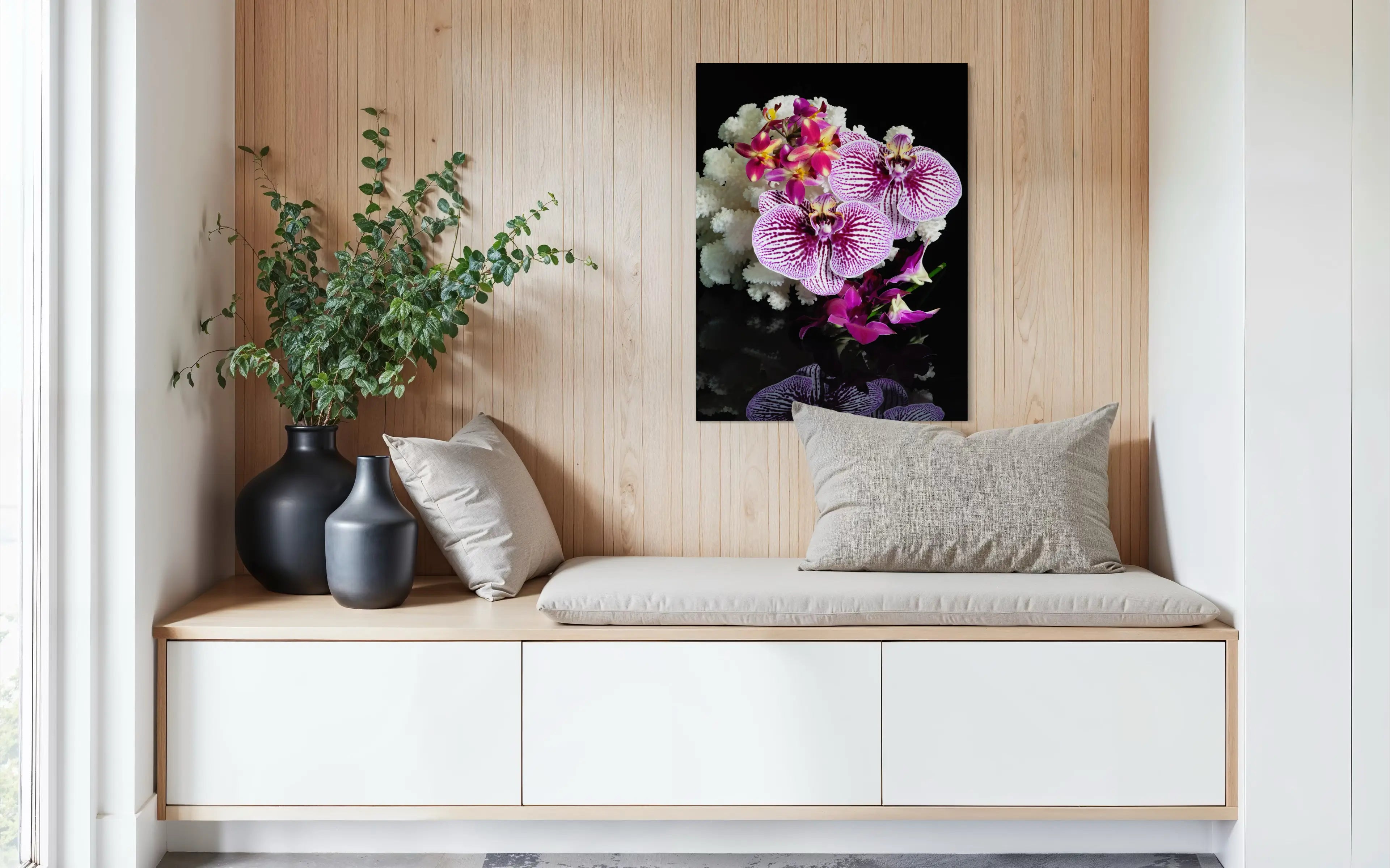 Coastal Orchid & Coral Glass Print with vibrant orchids and white coral on black background, ocean wall art