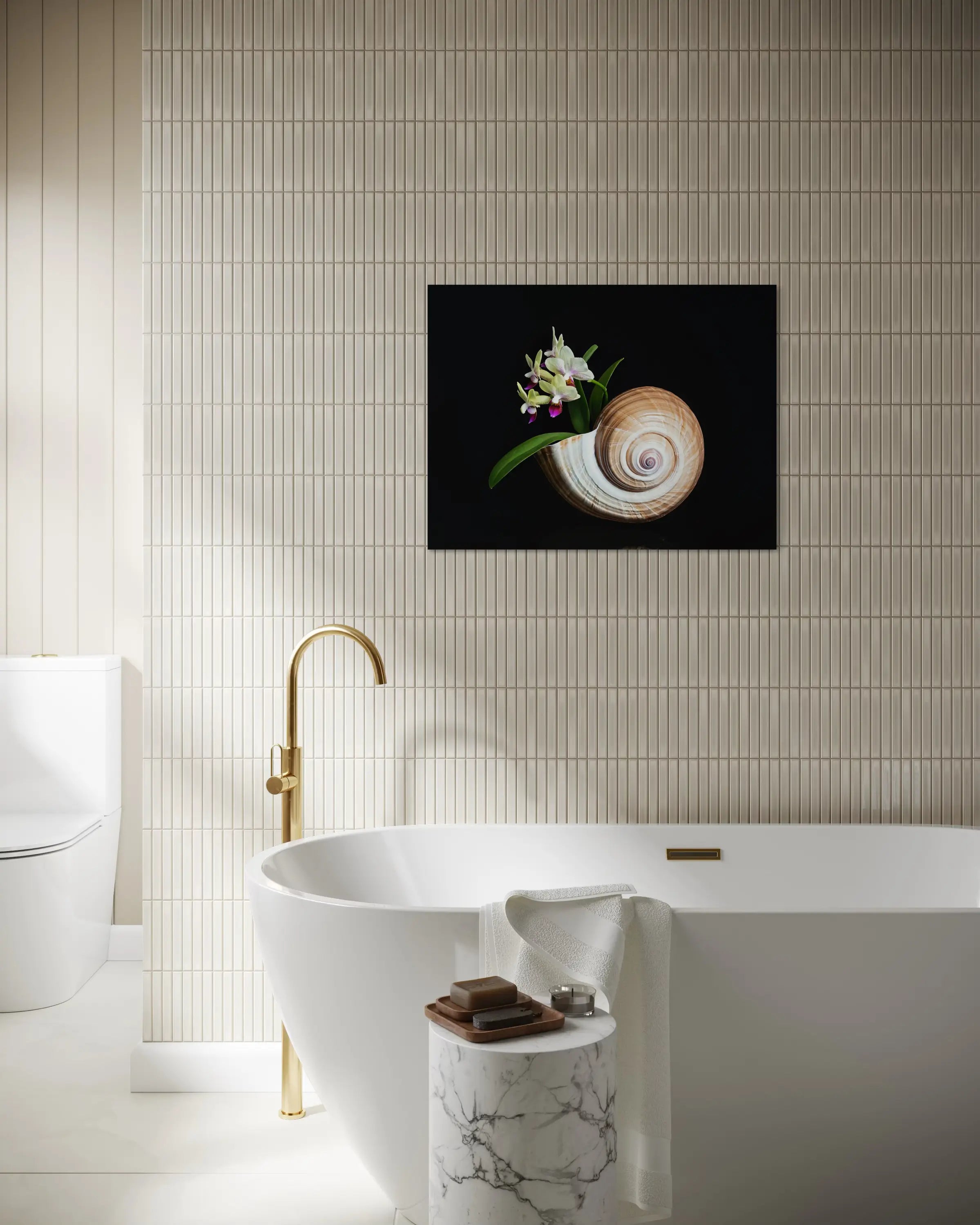Coastal Orchid & Seashell Glass Print with vibrant orchids and elegant seashell on a black background- coastal bathroom