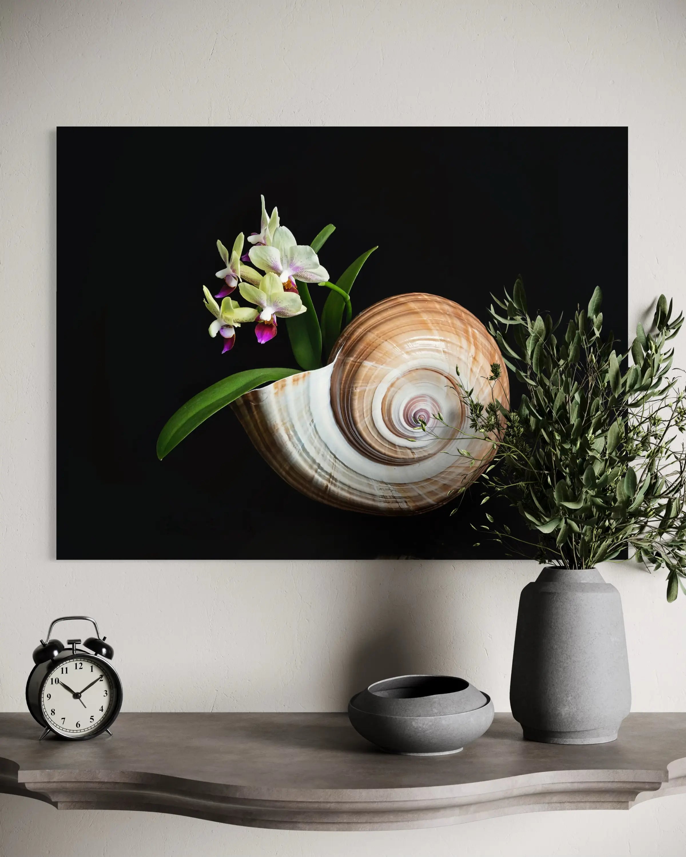 Coastal Orchid & Seashell Glass Print with vibrant orchids and elegant seashell on a black background, ocean wall art