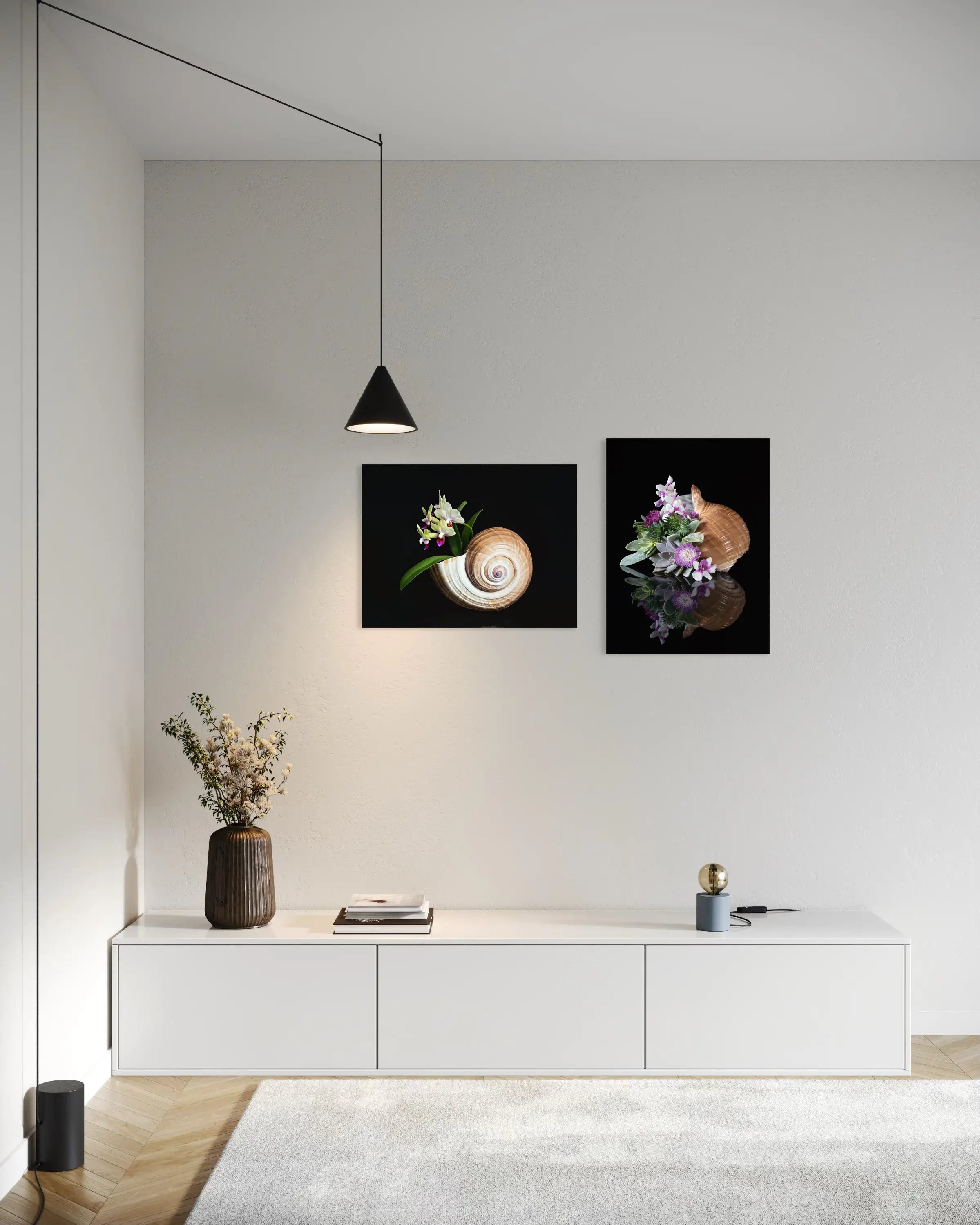 Coastal Orchid & Seashell Glass Print with vibrant orchids and elegant seashell on a black background, with matching print