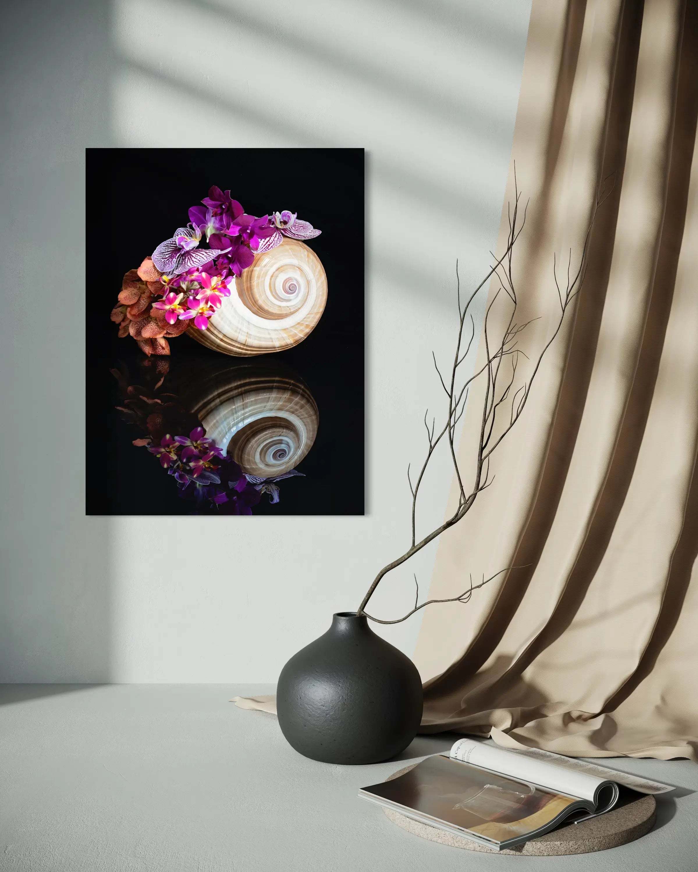 Coastal Orchid Seashell Glass Print with vibrant orchids and seashell on black background, coastal niche