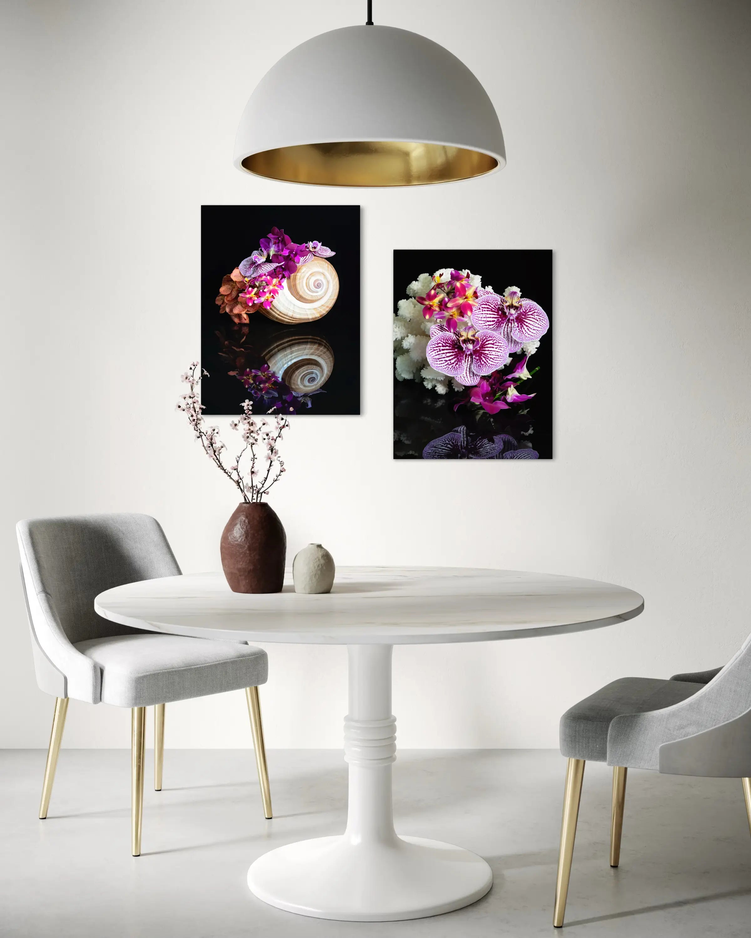 Coastal Orchid Seashell Glass Print with vibrant orchids and seashell on black background with matching print