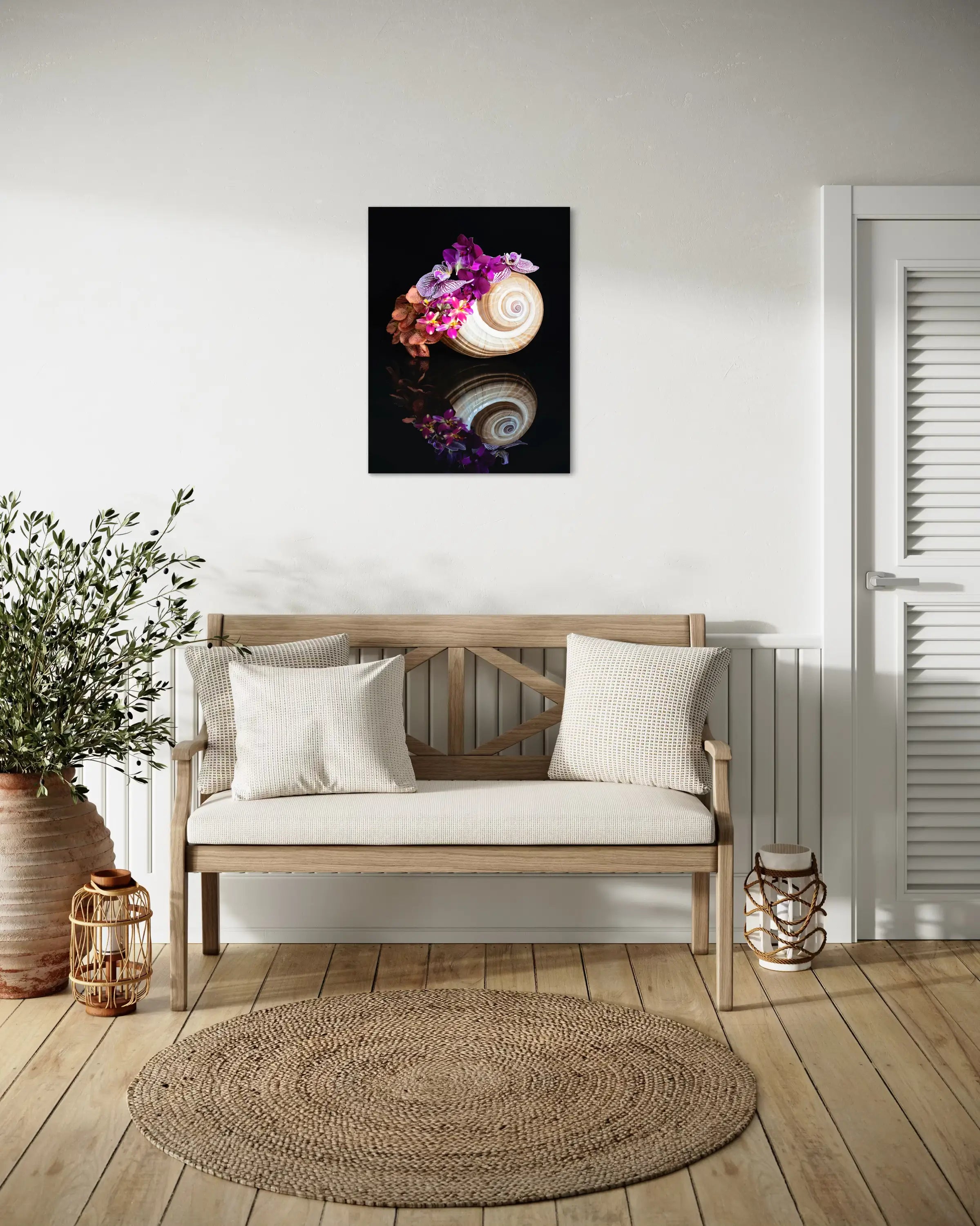 Coastal Orchid Seashell Glass Print with vibrant orchids and seashell on black background