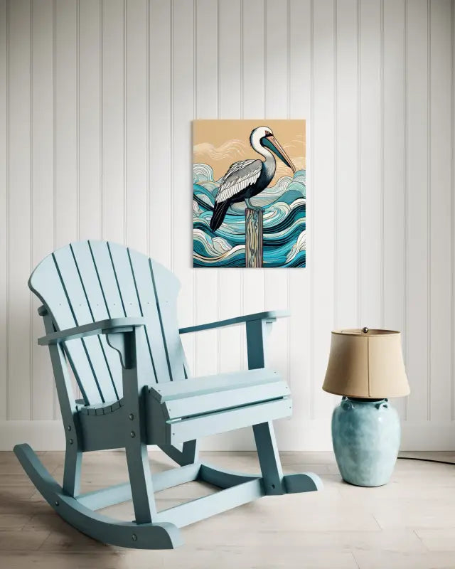 Pelican on post with Hokusai-style waves, Echoes of the Sea glass art-sitting area