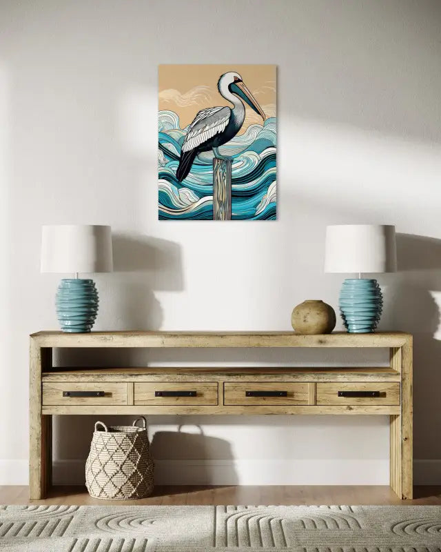 Pelican on post with Hokusai-style waves, Echoes of the Sea glass art-above a side table