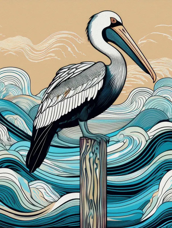 Pelican on post with Hokusai-style waves, Echoes of the Sea coastal glass art print