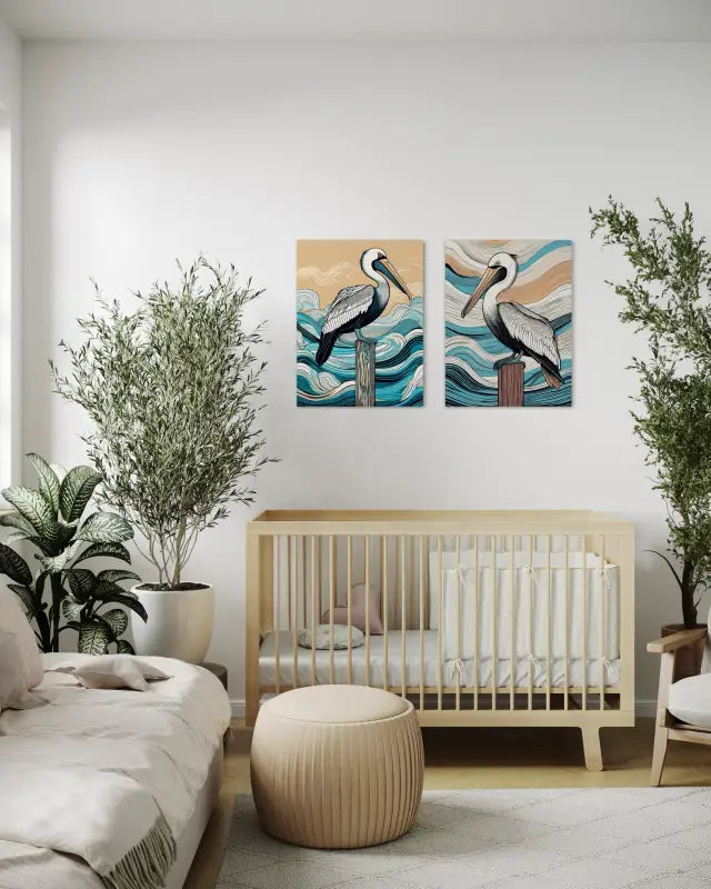 Pelican on post with Hokusai-style waves, Echoes of the Sea glass art in nursery with matching print