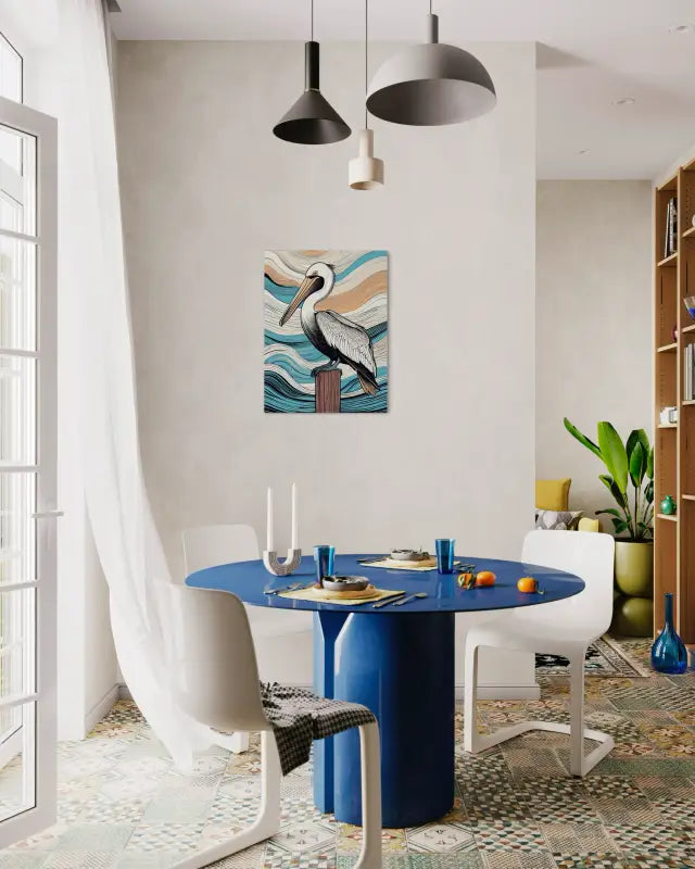 Pelican on post with wavy coastal glass art, from Echoes of the Sea, coastal dining decor