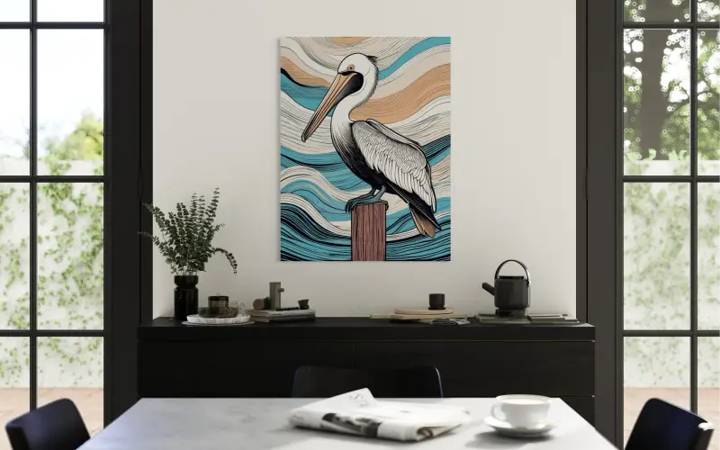 Pelican on post with wavy coastal glass art, from Echoes of the Sea, dining wall decor