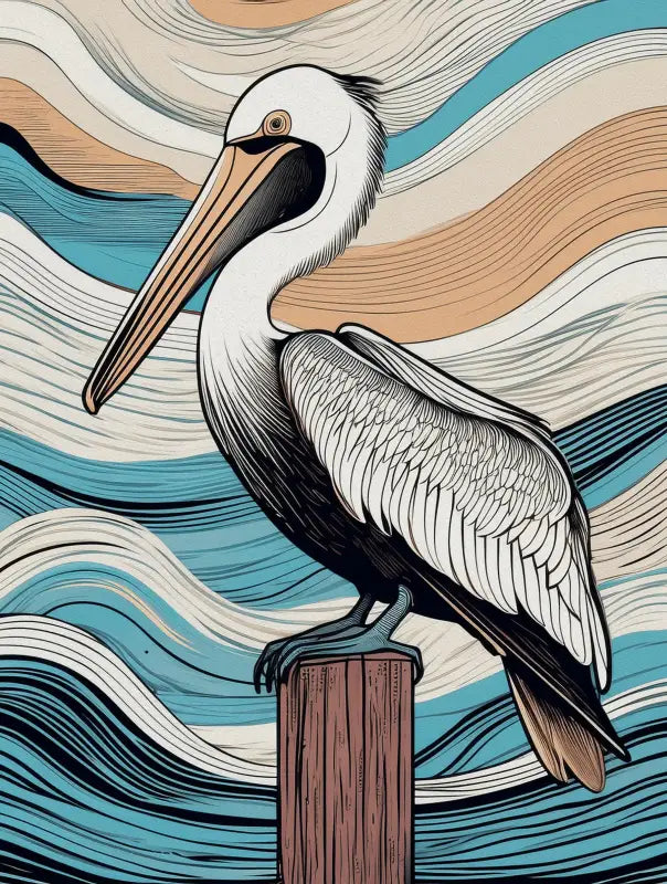 Pelican on post with wavy coastal glass art, from Echoes of the Sea.